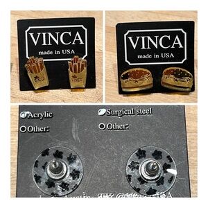 Lot of 2 - Burger and Fries Pierced Stud Earrings in Mirror Gold